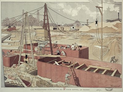 Laying the Foundations for the Eiffel Tower, 1887 by Eugene Grasset